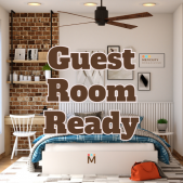 Mercury Organizing's Graphic Heading says "Guest Room Ready" over Image of a cozy modern guest room with bed, a side table, desk with shelves above. 