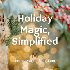 Text Holiday Magic, Simplified over image of twinkling lights and winter branches